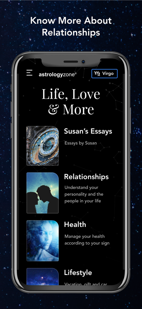 Ein mobiler Bildschirm der Astrology Zone App, der Abschnitte für Essays, Beziehungen, Gesundheit und Lebensstil hervorhebt.
