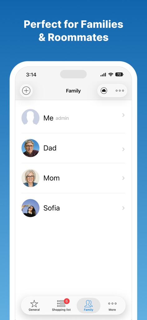 Shopping Share - Grocery list - Shared family shopping list interface showing multiple members