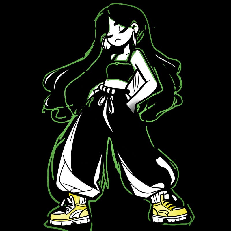 girl in baggy pants crop top and long hair