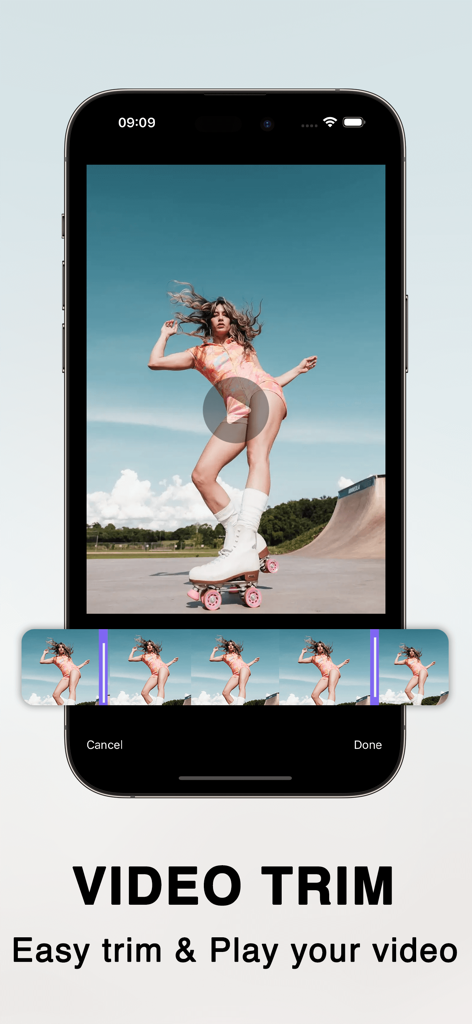 HandBrake - Video Compressor - スケートパークでローラースケートをする少女がいるHandBrakeアプリの動画トリミングインターフェースを表示するiPhone画面