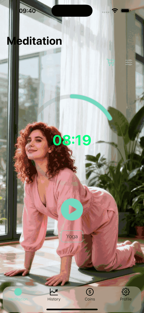 Tigho app meditation screen showing a countdown timer and a woman in a yoga pose