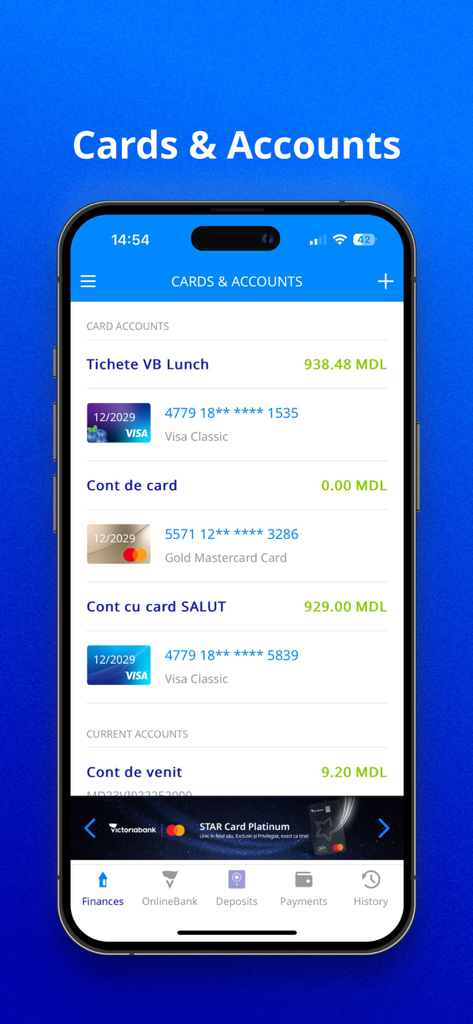 VB24 Mobile app interface showing a list of bank cards and account balances