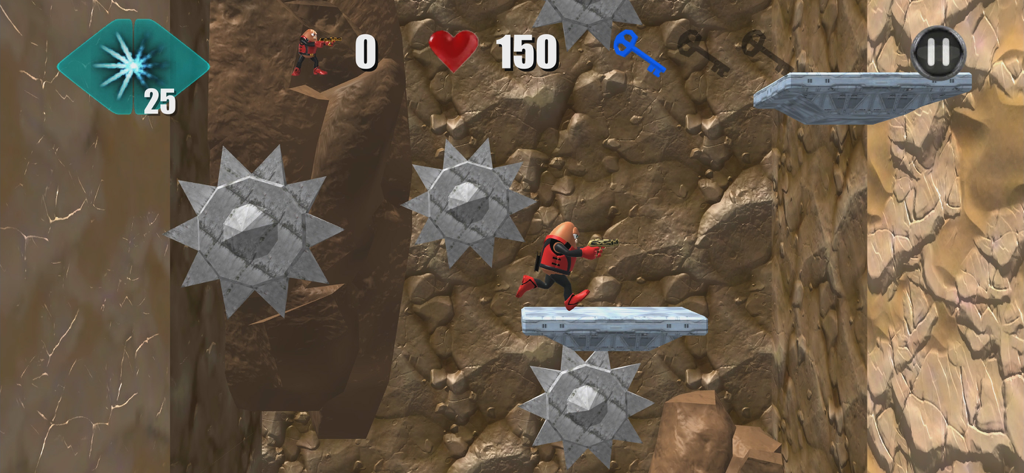 Killer Bean Unleashed - Le personnage de Killer Bean court sur une plateforme flottante en évitant des obstacles à pointes dans un niveau rocheux