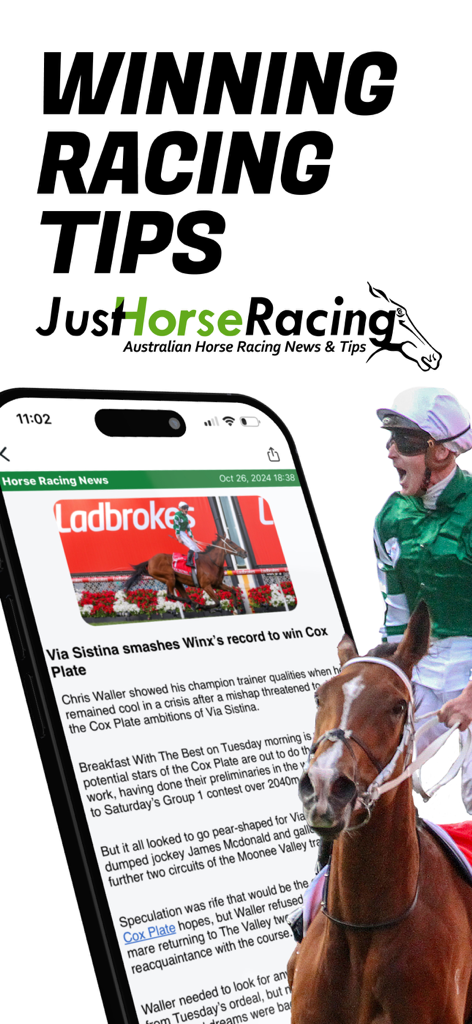 Just Horse Racing mobile app interface showing winning tips and horse racing news articles
