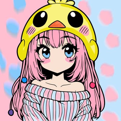 anime girl with chick shaped hat with sweater with bare shoulders with bangs covering them one eye with low tail