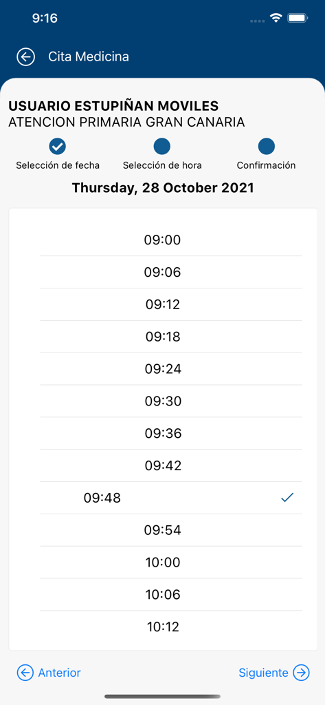 miCita previa - Time slots for a medical appointment on the miCita previa app interface