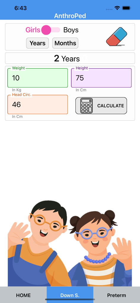 AnthroPed - AnthroPed app interface for inputting weight, height, and head circumference for children with Down Syndrome.
