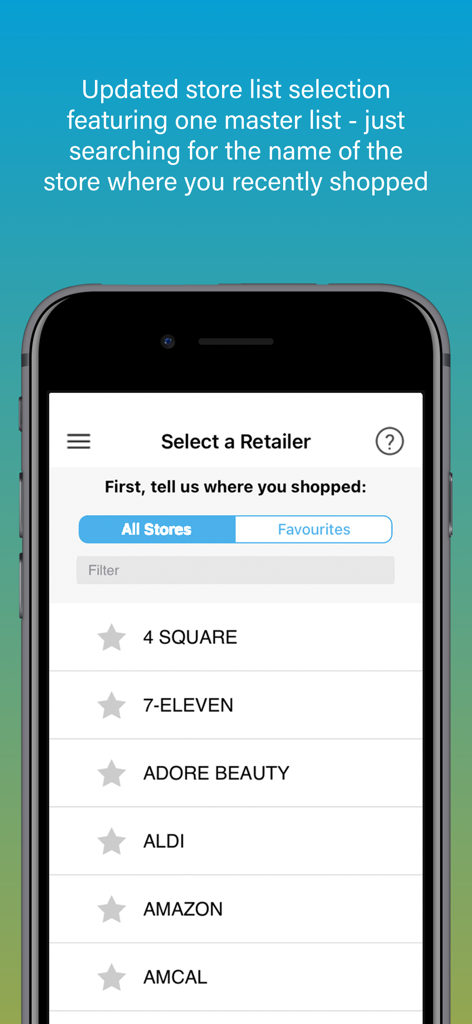 Scan n Go mobile app screen for selecting a retailer from a list including Aldi and Amazon.