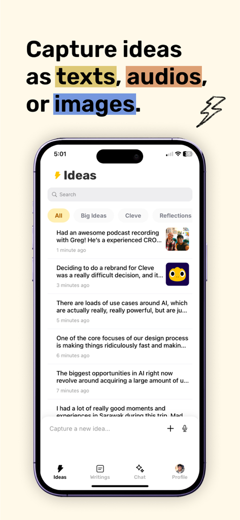 The Cleve app Ideas screen showing a list of notes captured as text, audio, and images.