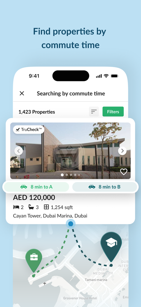Bayut – UAE Property Search - Bayut app interface showing property search results filtered by commute time with a map view