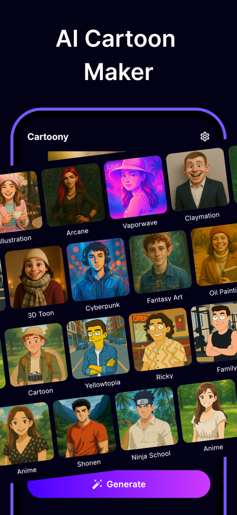 Cartoony: Cartoon Photo Editor - Captura de pantalla de la interfaz de la aplicación Cartoony que muestra varios estilos de arte de IA, incluyendo Anime Cyberpunk y Claymation.