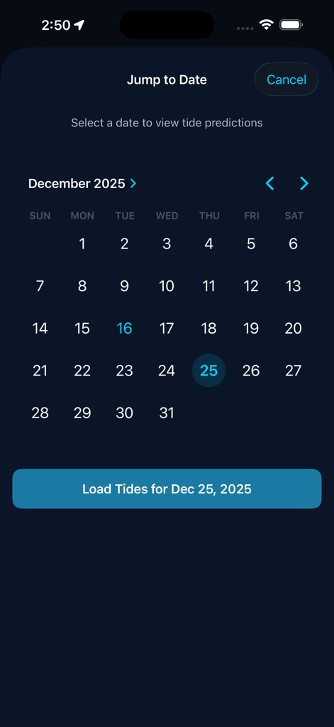 NOAA Tides - Interfaz de calendario de la aplicación NOAA Tides para seleccionar una fecha para ver las predicciones de mareas.