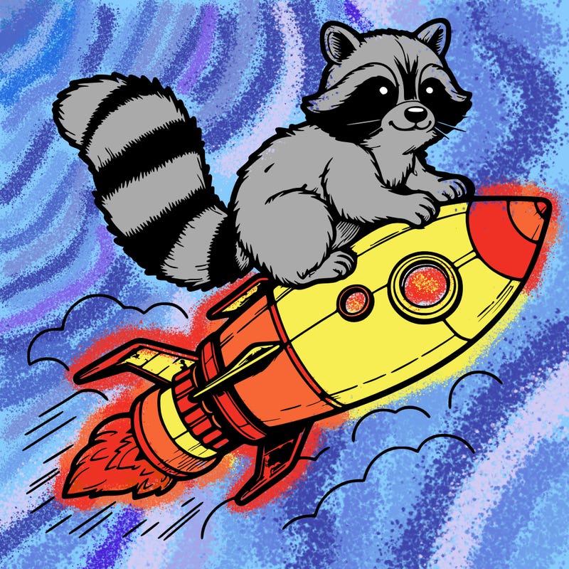 realistic raccoon flying on top rocket ship