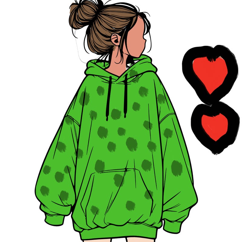 realistic girl with a oversized sweatshirt on and a bun
