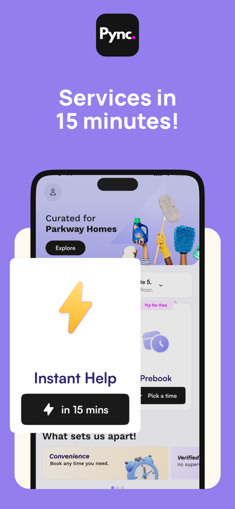 Pync app interface showing instant help services delivered within 15 minutes