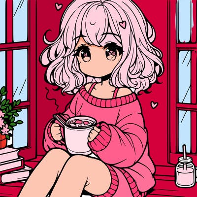cute anime girl reading book and drinking hot chocolate from mug with loose wavy hair wearing a baggy sweatshirt and shorts sitting by windowsill looking out