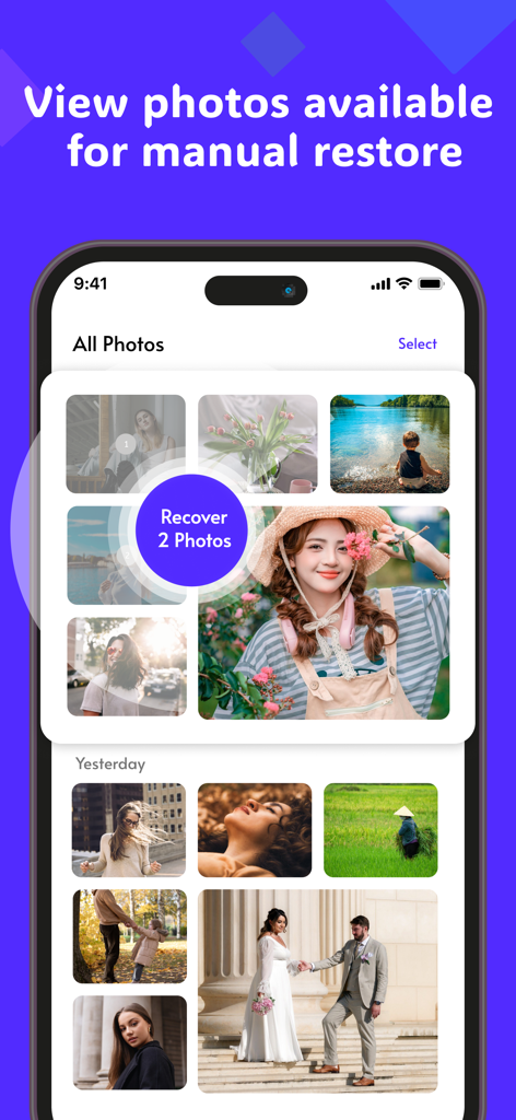 Deleted Photo Recovery. - Deleted Photo Recovery app interface showing a gallery with a restore button.