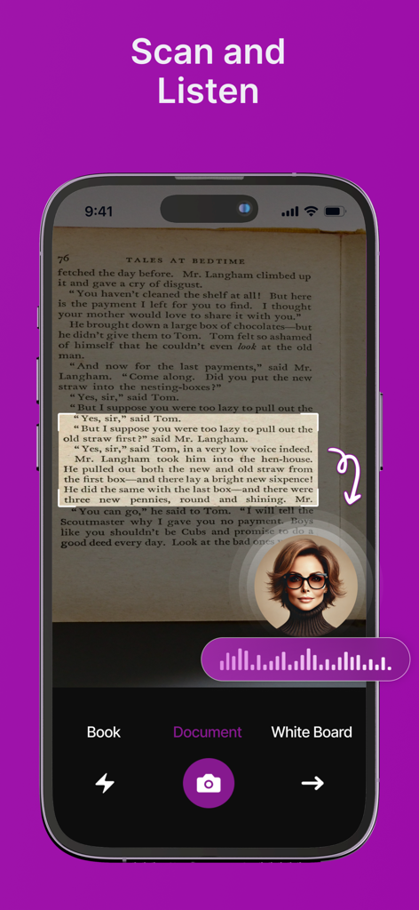 Text Reader - Text to Speech - Interfaz de la aplicación Speaktor escaneando una página de libro impresa para leer texto en voz alta con IA.