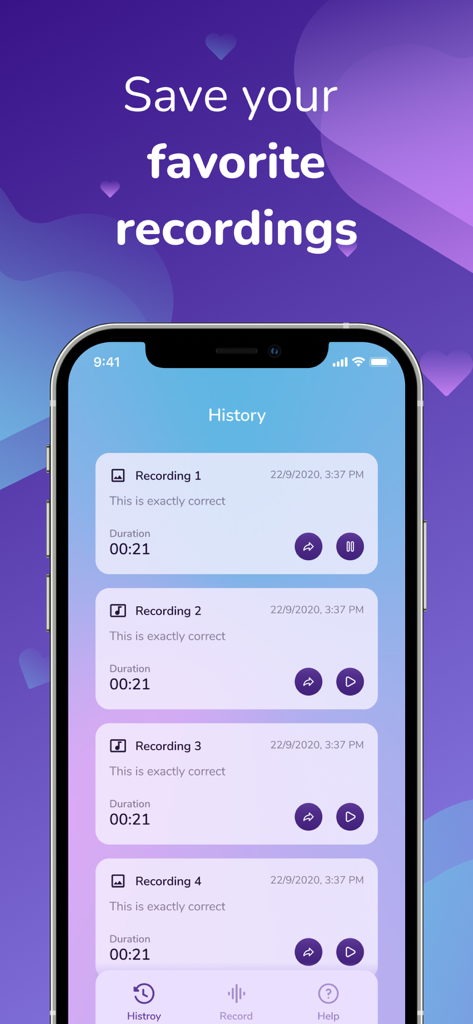 Hear my Heart Beat Monitor App - Interfaz de la aplicación móvil mostrando una lista de grabaciones de latidos guardadas con fechas y opciones para compartir