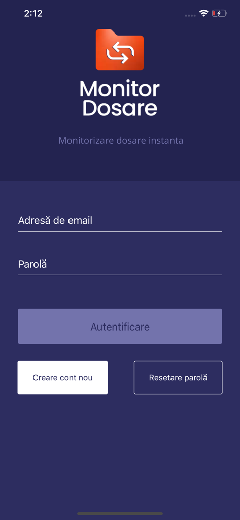 Login screen for the Monitor Dosare legal tech app