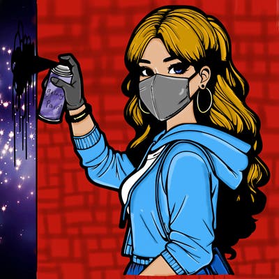 realistic girl with mask spray painting a wall