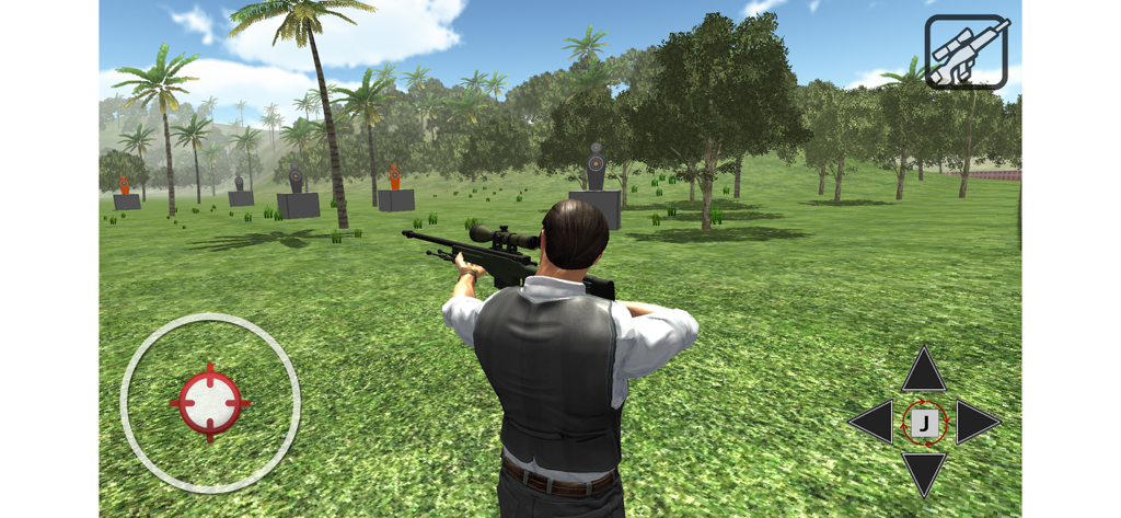 Vista en tercera persona de un personaje apuntando con un rifle de francotirador a objetivos en un campo abierto