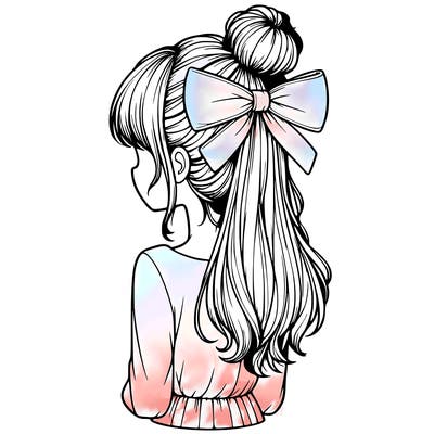 realistic girl  with hip length hair a bun and a big bow on the back of head