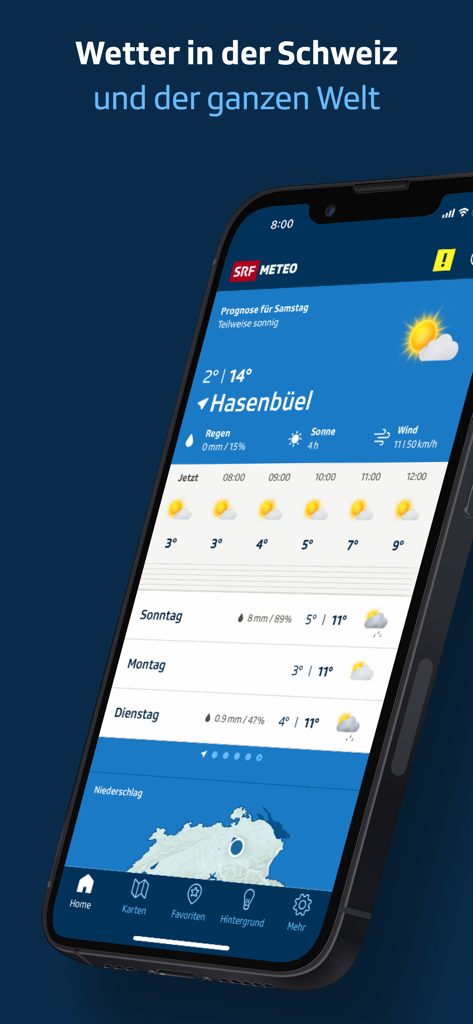 SRF Meteo - Wetter Schweiz - SRF Meteo app interface on a smartphone showing daily weather forecast and precipitation radar for Switzerland