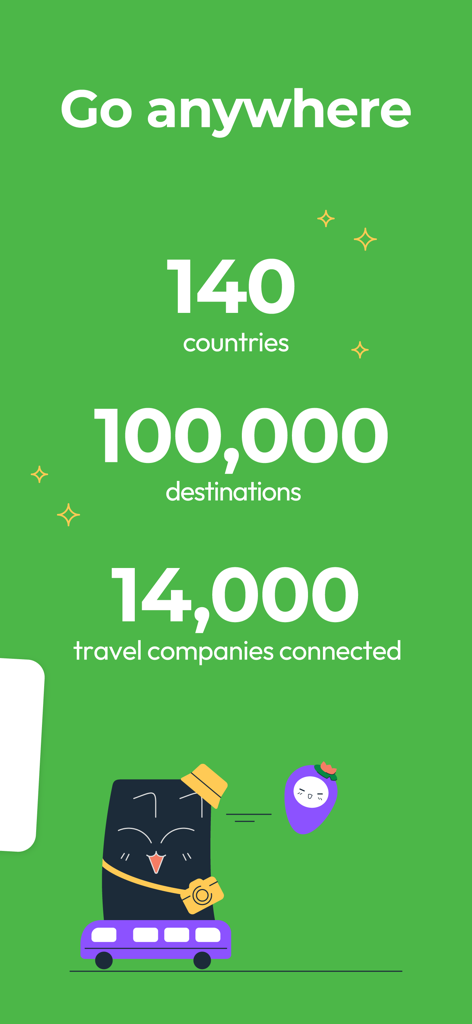 12Go Train Bus Ferry Flight - Couverture de voyage de l'application 12Go montrant 140 pays et 100 000 destinations