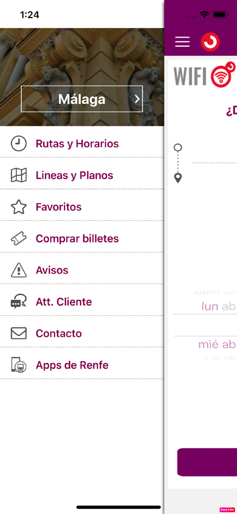 Menú de navegación lateral de la aplicación móvil Renfe Cercanias con opciones de rutas, horarios y mapas.