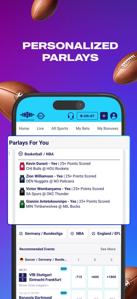 Capture d'écran de l'application Play Gun Lake présentant des suggestions de paris combinés personnalisées pour les joueurs de basketball de la NBA.