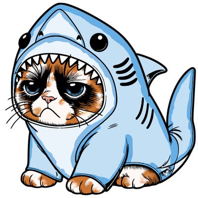 a realistic grumpy cat wearing a cute shark costume
