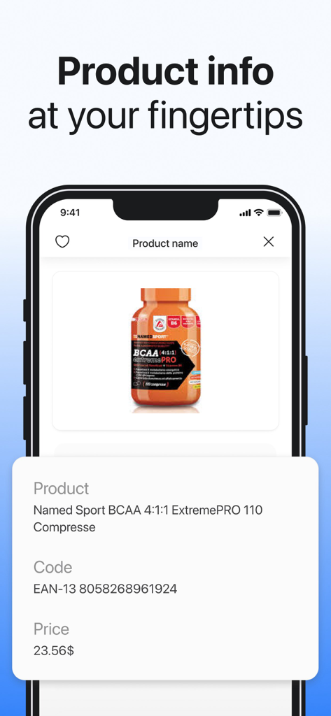 Pantalla de la aplicación Tag que muestra los detalles del producto, incluido el código de barras EAN y el precio.