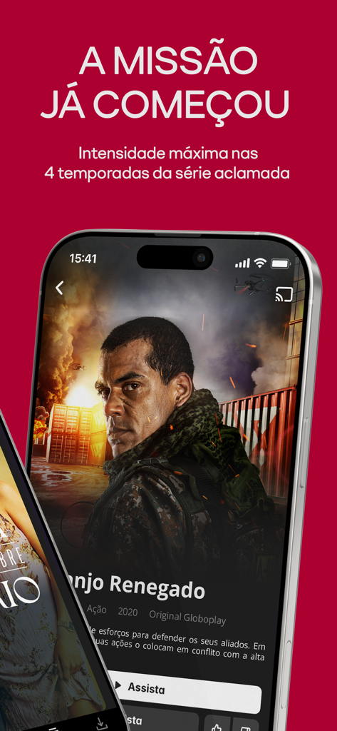 Globoplayアプリのスクリーンショット、スマートフォン画面にオリジナルのアクションシリーズArcanjo Renegadoを表示