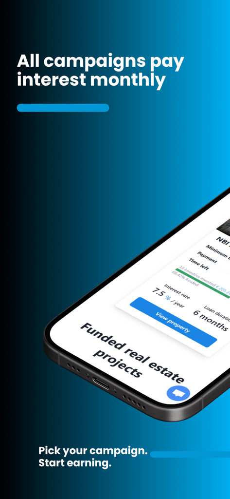 stock.estate - Schermata dello smartphone che mostra progetti di investimento immobiliare con pagamenti di interessi mensili e dettagli sul tasso di interesse