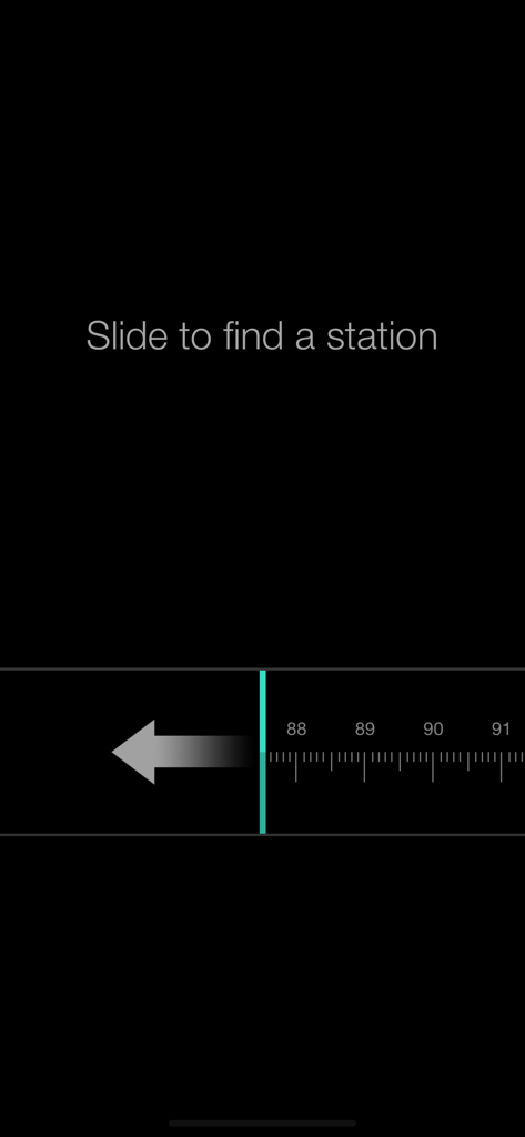 RadioApp - A Simple Radio App - Interface of RadioApp showing an analog style frequency tuner and the instruction to slide to find a station