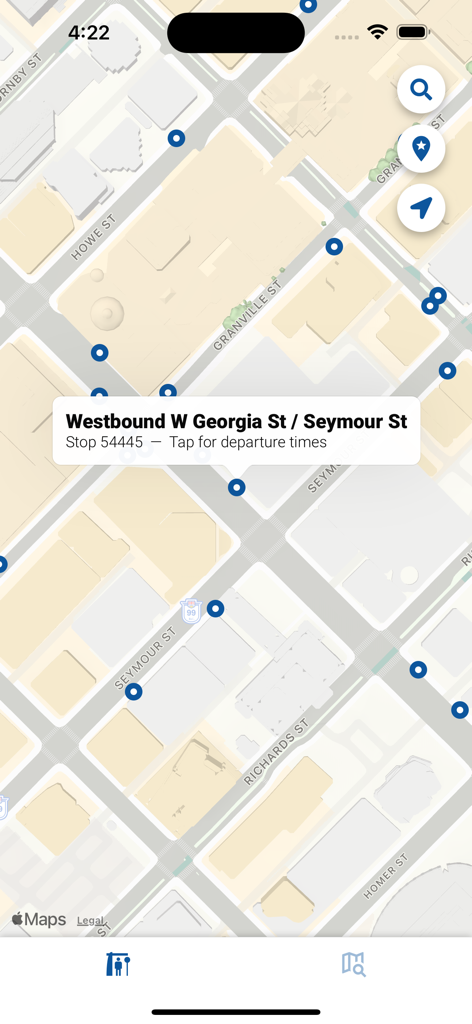 Vancouver Transit (TL) - A map interface showing bus stops in downtown Vancouver with a popup for Westbound West Georgia Street and Seymour Street stop.