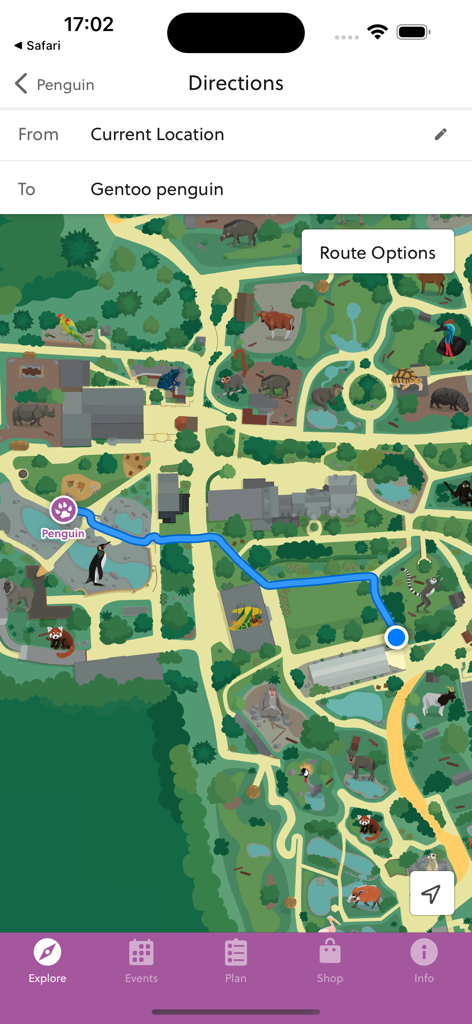 Edinburgh Zoo - Interaktive Karte in der Edinburgh Zoo App, die eine Navigationsroute zum Gentoo-Pinguin-Gehege anzeigt
