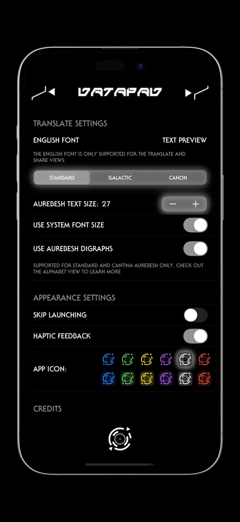 Una captura de pantalla del menú de configuración de la aplicación Datapad que muestra opciones de fuentes de traducción y personalización de apariencia para iconos de aplicaciones y retroalimentación háptica.