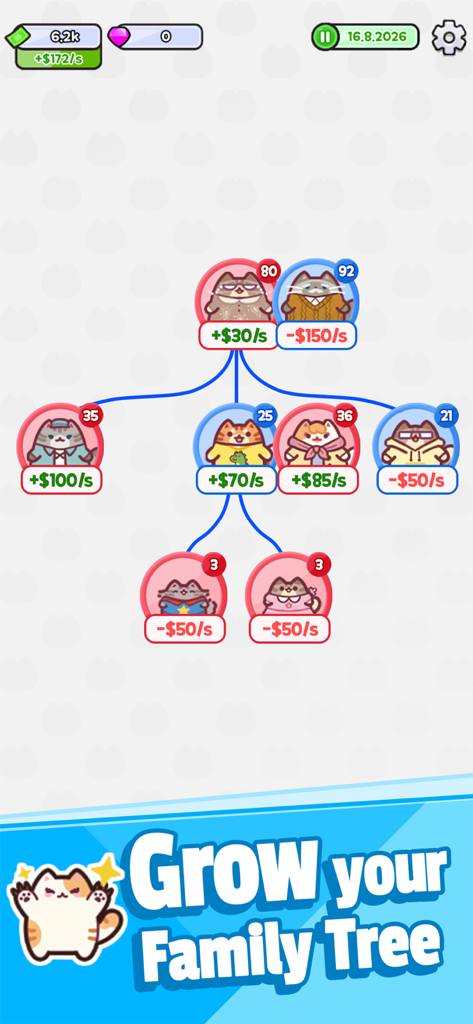 Cat's Life : Cute Simulation - Captura de pantalla del juego de simulación de Cat's Life que muestra el árbol genealógico del gatito y las trayectorias profesionales.