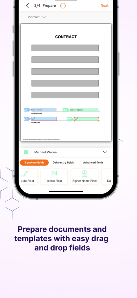 Foxit eSign - Mobile interface of Foxit eSign showing document preparation with drag and drop signature fields