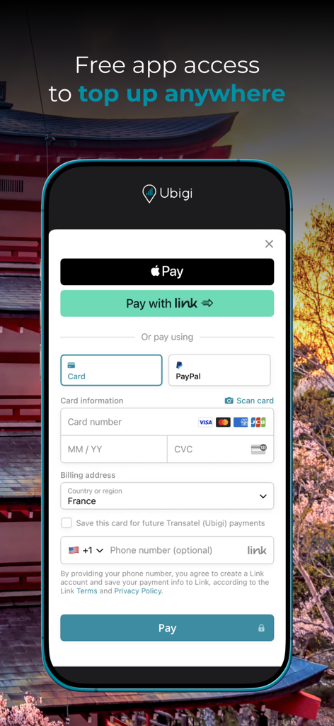 Ubigi app payment screen showing secure top up options including Apple Pay and credit cards