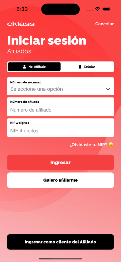 CklassApp - Pantalla de inicio de sesión para afiliados de CklassApp mostrando campos para número de sucursal, ID de afiliado y NIP