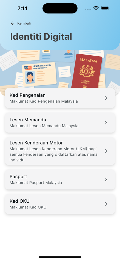 MyGOV Malaysia - Digital identity section of the MyGOV Malaysia app showing options for ID card, driving license, and passport