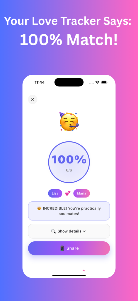 BFF Test App-Screenshot, der eine 100-prozentige Freundschafts-Match-Punktzahl zwischen zwei Freunden zeigt.