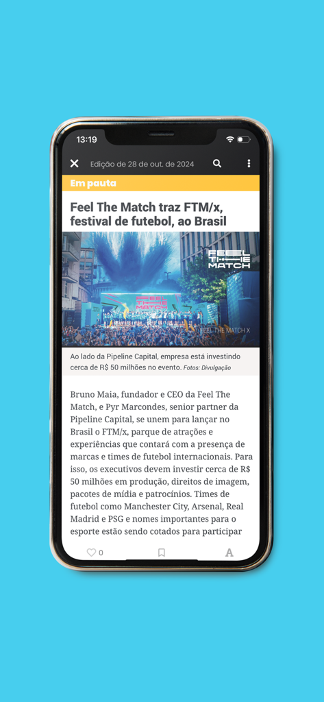 A smartphone screen displaying a news article in Portuguese from the Meio e Mensagem app about a football festival