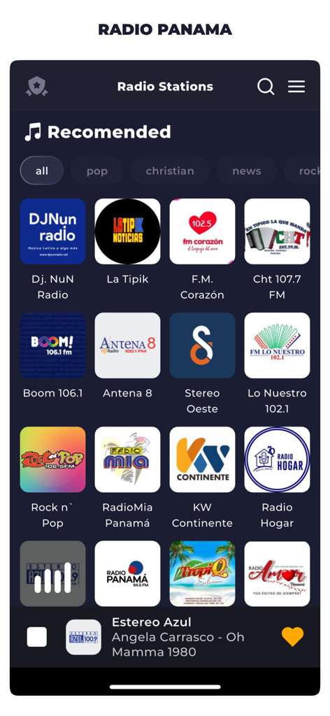 Panama Radio Live FM & AM - Panama Radio Live app interface showing recommended radio stations from Panama