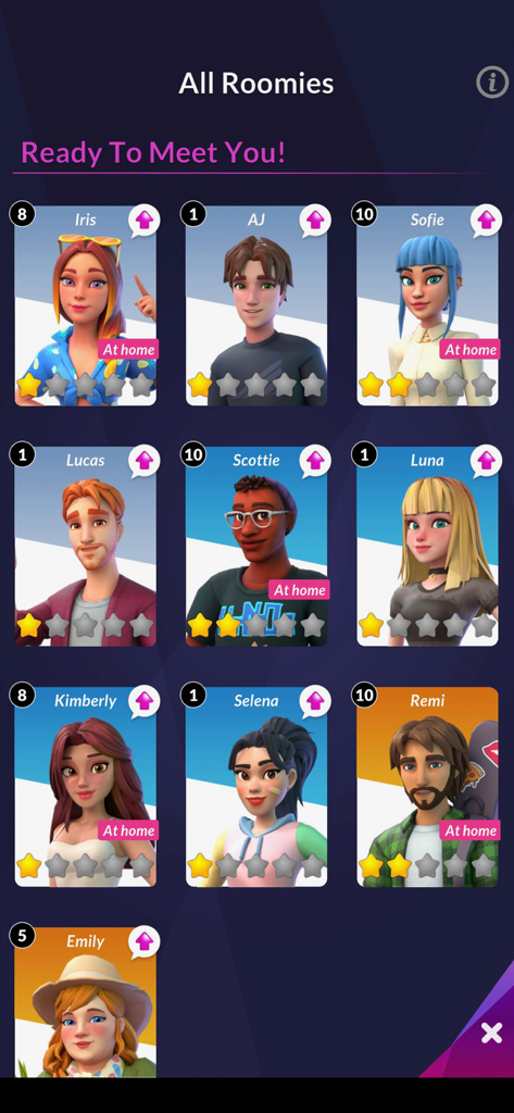 Ein Raster von Charakterprofilen im Mobile Game Single City, das verschiedene Mitbewohner zeigt