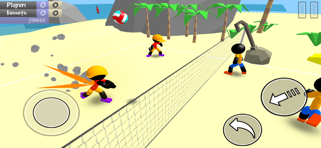 Stickman Beach Volleyball - Stickman characters playing a 3D beach volleyball match with mobile controls visible