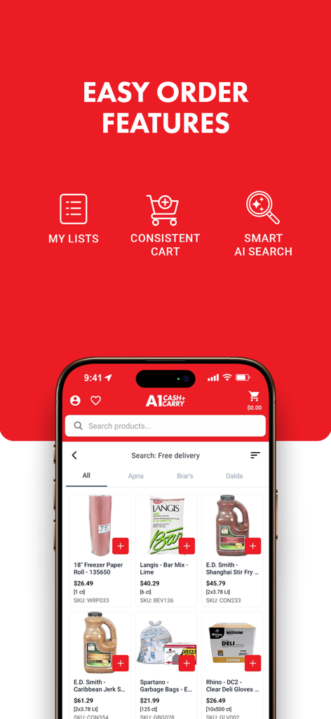 A1 Cash & Carry - A1 Cash and Carry app interface highlighting easy order features like My Lists and AI search with a wholesale product display.